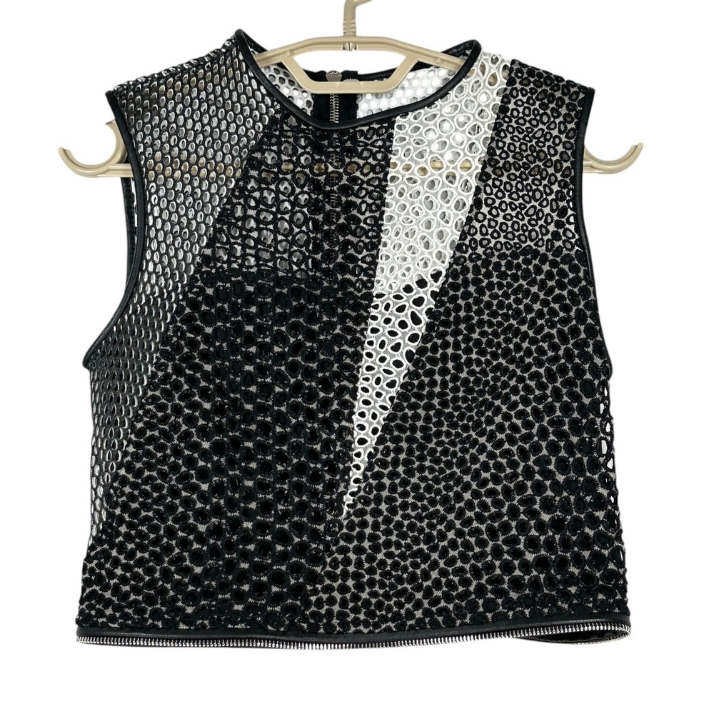 Yigal Azrouel Mixed Media Mesh Eyelet Lace Crop Top Lambskin Leather Trim 2